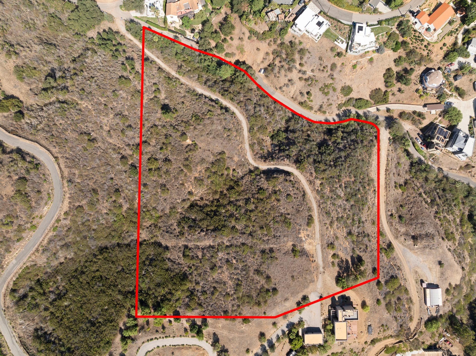 The parcel from above - recorded boundary shown in red